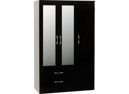 Nevada Black Gloss 3 Door 2 Drawer Mirrored Wardrobe