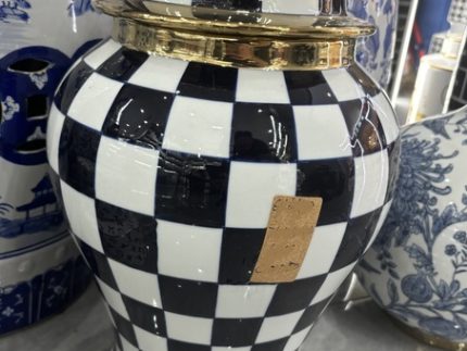 Checkered Lidded Jar - Blue and White